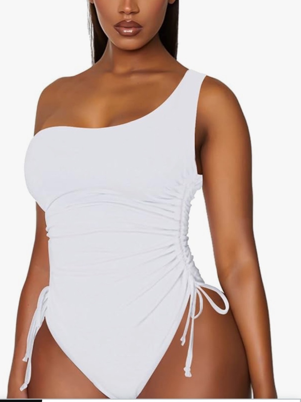 🚘 NWOT One-Shoulder Ruched Tummy Control White One-Piece Swimsuit SIZE M